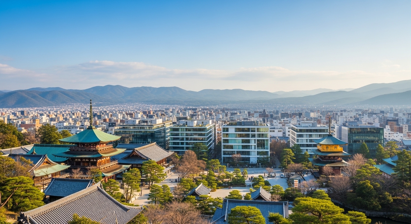 전통 사찰과 현대 디자인 스튜디오가 함께 있는 교토의 도시 풍경