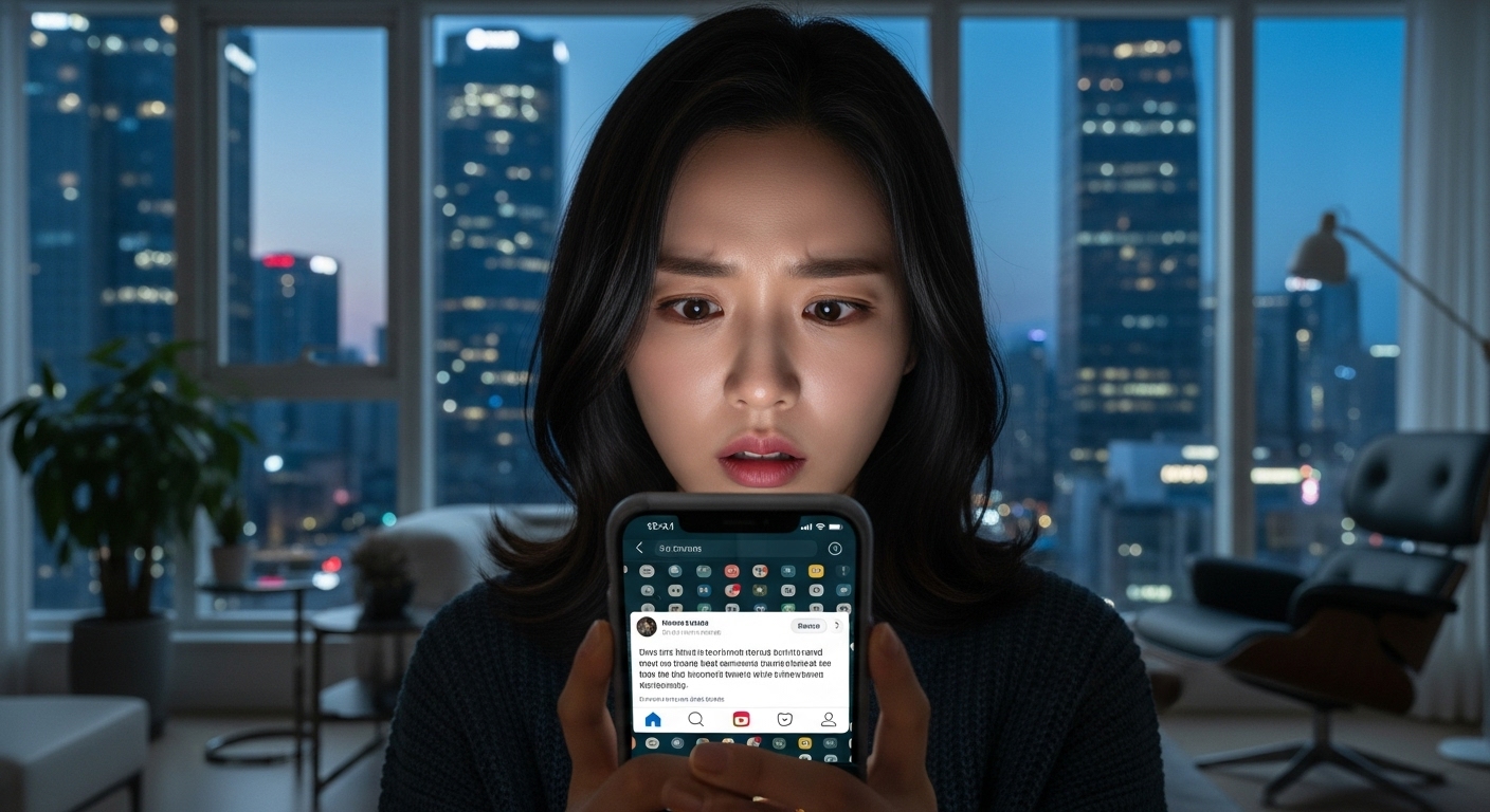 현대식 아파트에서 스마트폰을 걱정스럽게 바라보는 젊은 여성