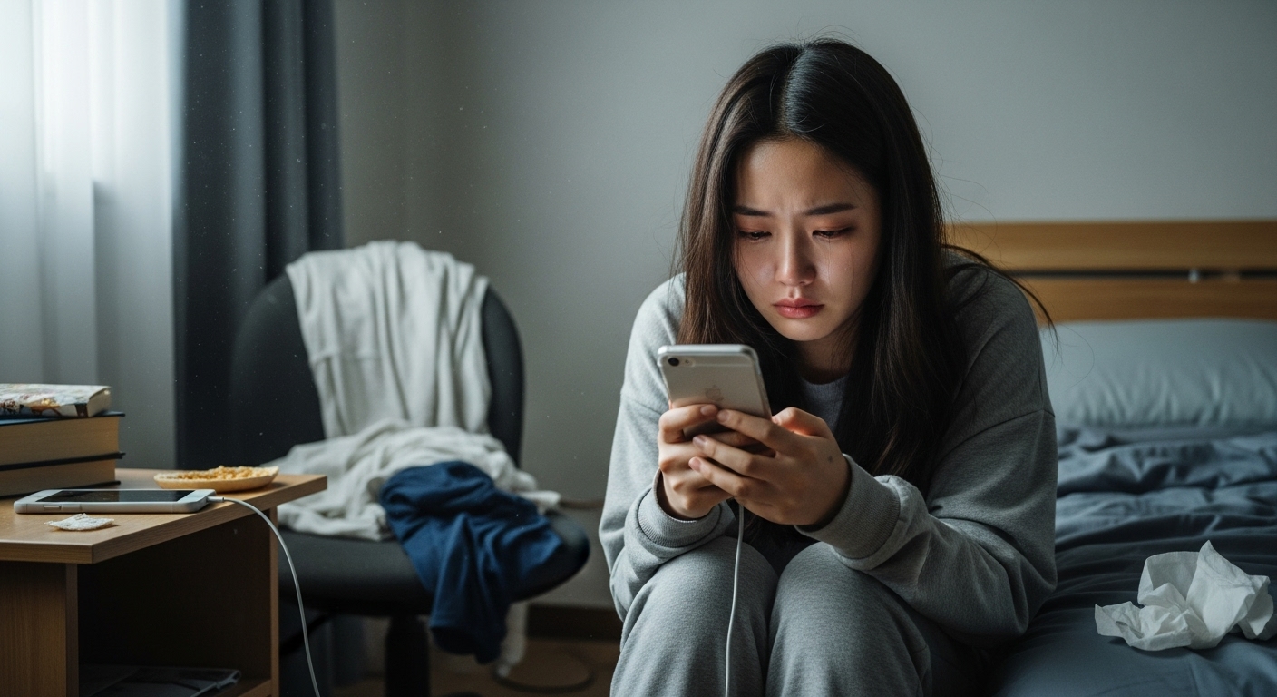 개인적 혼란 속에서 침실에서 소셜 미디어에 글을 올리는 불안한 젊은 여성