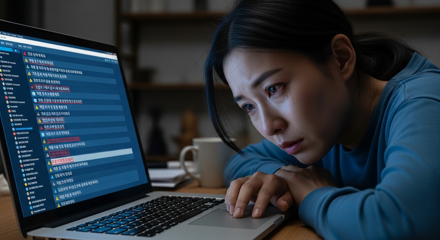 컴퓨터 화면에 부정적인 댓글이 쏟아지는 가운데 압박감을 느끼는 여성