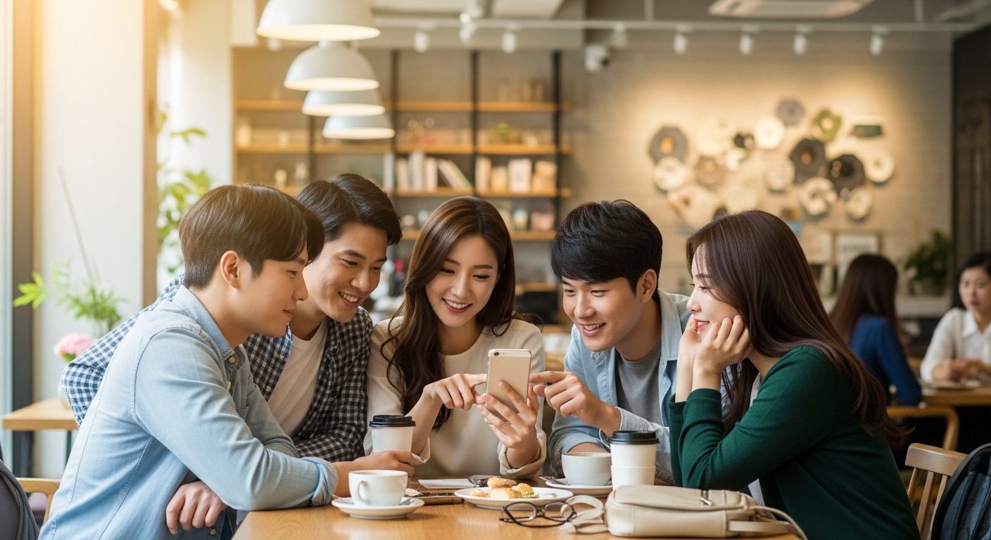 카페에서 스마트폰 앱을 사용하는 젊은이들