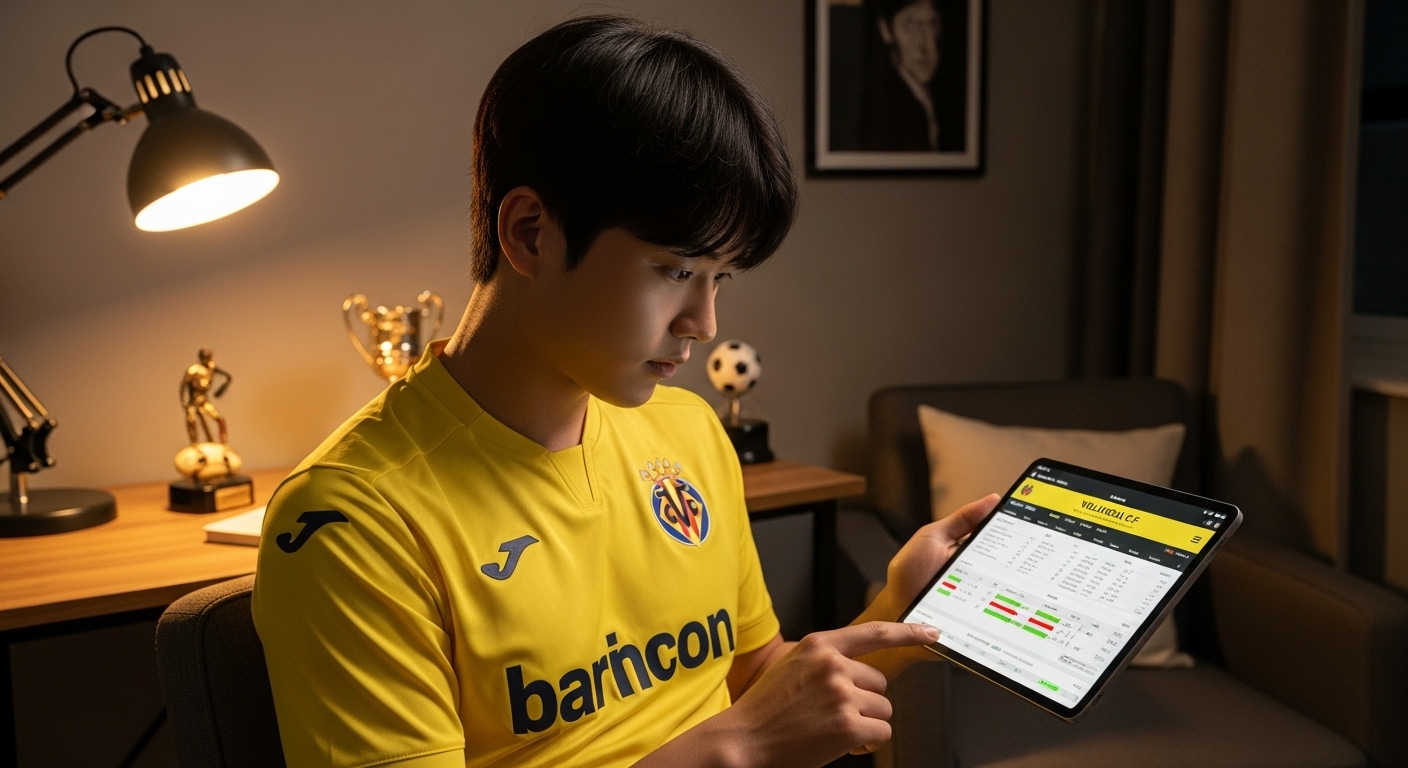 젊은 남성이 태블릿으로 축구팀 통계를 살펴보는 장면