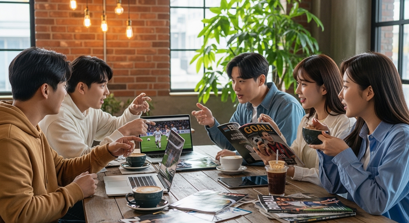 트렌디한 카페에서 축구팀에 대해 토론하는 젊은 사람들