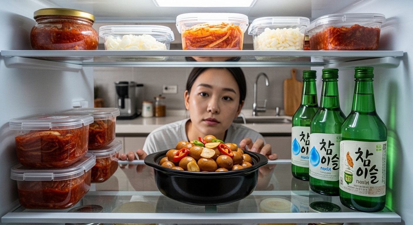 냉장고에서 꺼낸 끈적한 메추리알장조림을 바라보는 모습