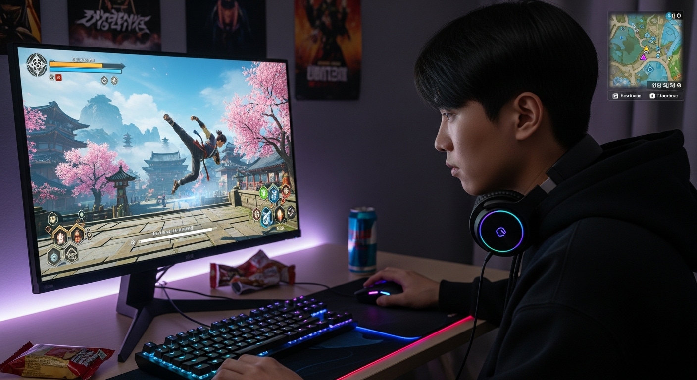 한 젊은 게이머가 컴퓨터 화면에서 오픈월드 무협 RPG 게임에 몰입하는 모습