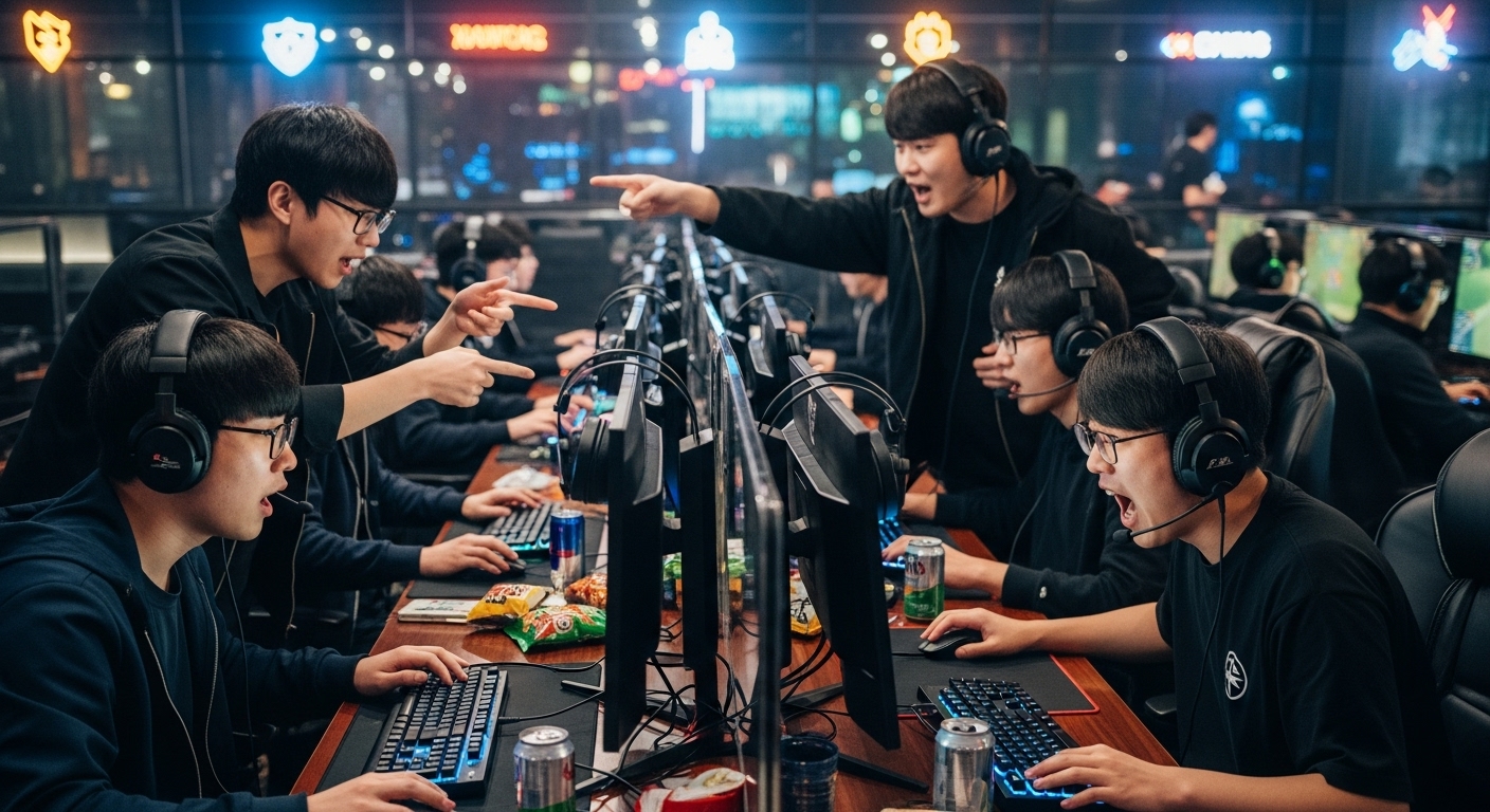PC방에서 여러 명의 플레이어들이 협력 전투에 참여하는 장면