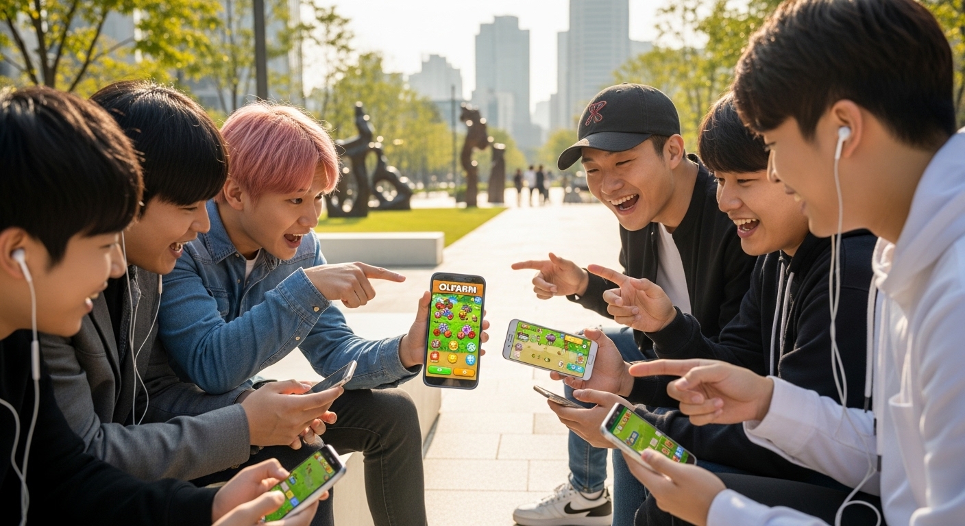서울 공원에서 스마트폰을 들고 올팜 업데이트를 이야기하는 한국인 게이머들