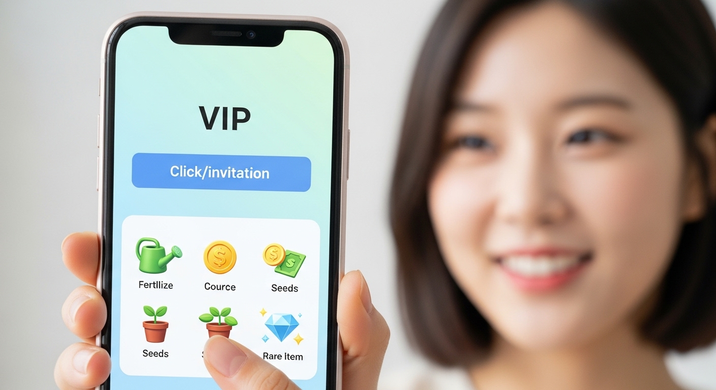 스마트폰 화면에 표시된 VIP 초대 링크와 비료 등의 보상을 보여주는 아이콘