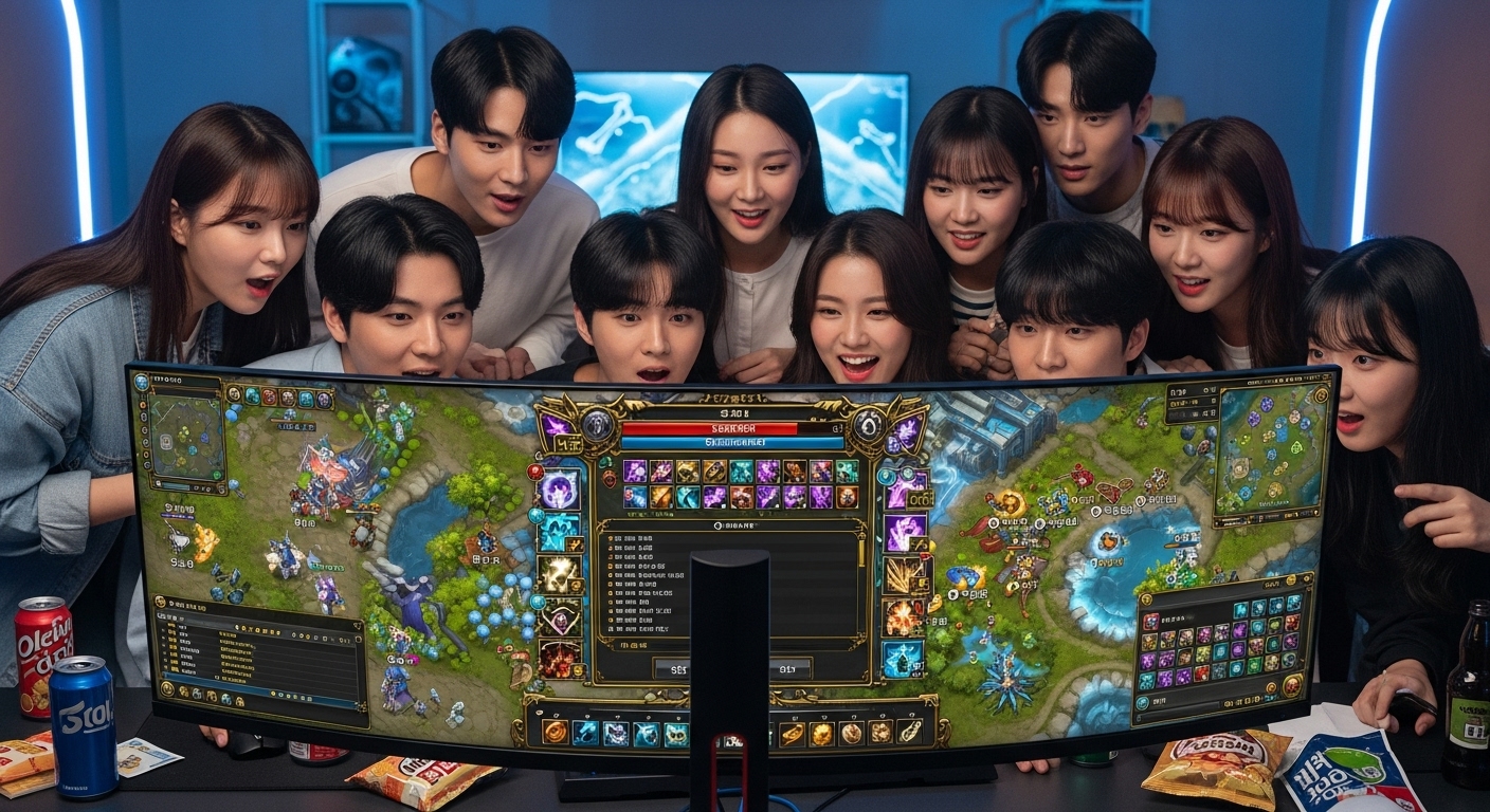 다양한 젊은 한국 게이머들이 확장된 올팜 인터페이스를 보고 놀란 모습
