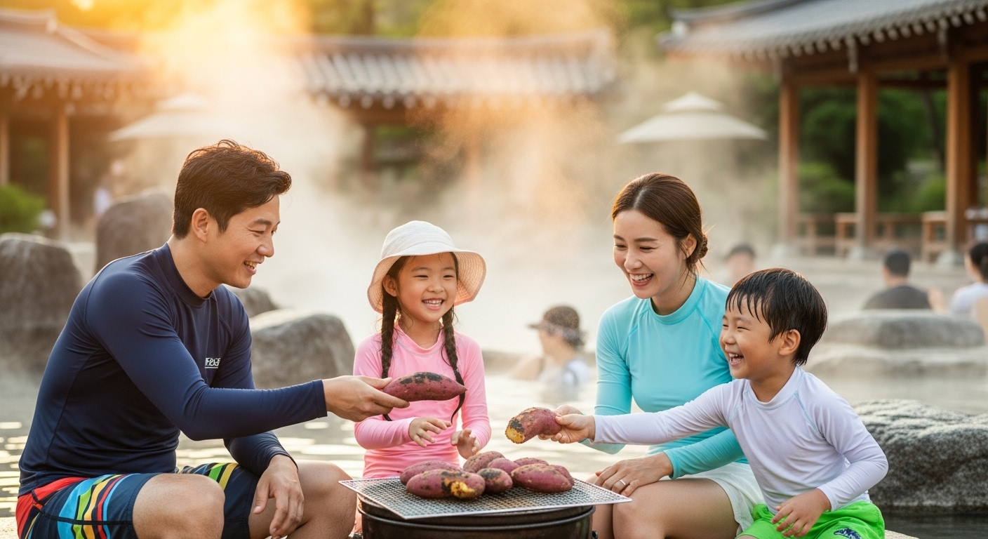 야외 공간에서 군고구마를 즐기는 행복한 커플과 아이들