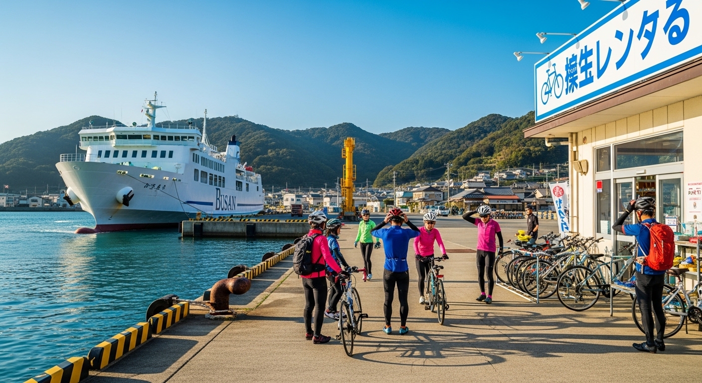 부산에서 도착한 페리가 있는 히타카츠 항구와 자전거 여행 준비 중인 사람들