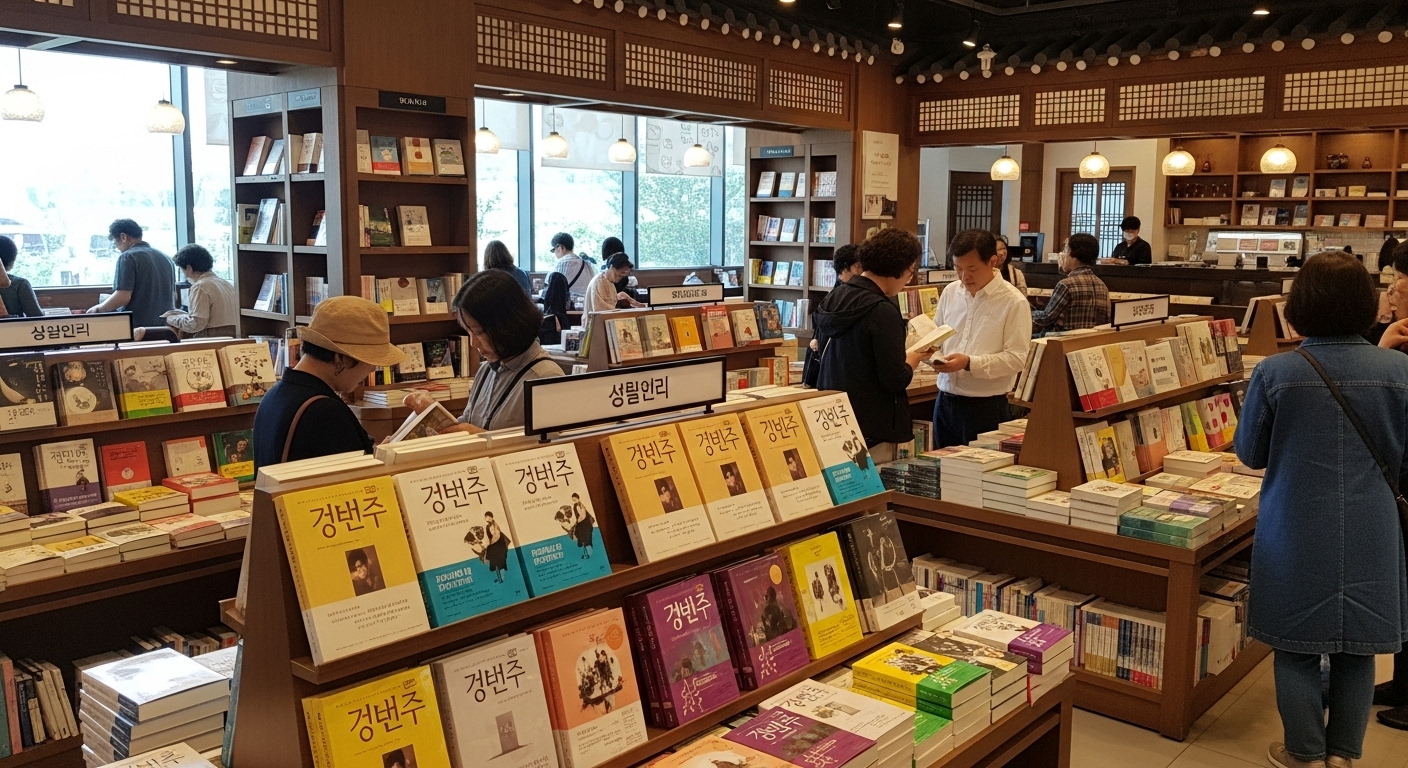 많은 사람들이 방문하여 활발한 분위기의 한국 서점 내부 모습