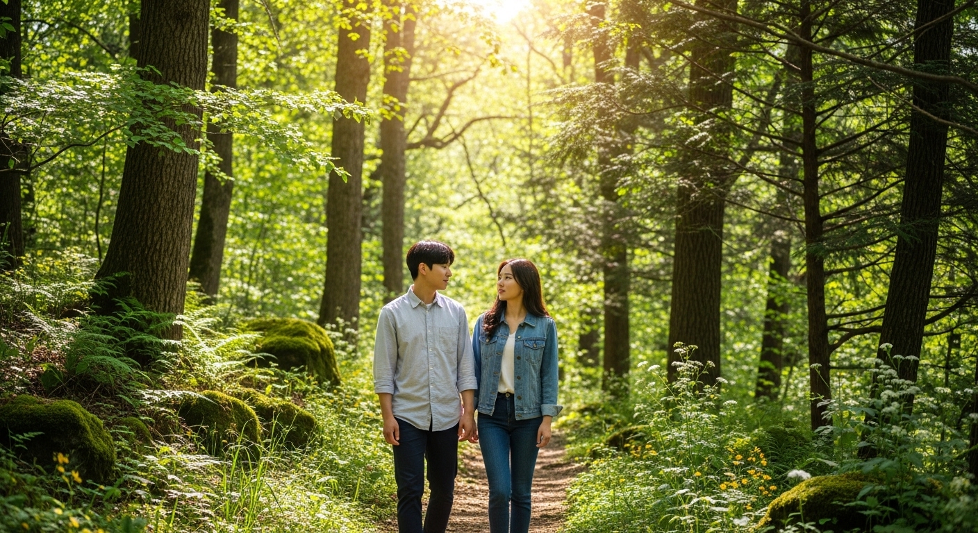 자연 속을 걷고 있는 두 젊은이들의 대화 장면