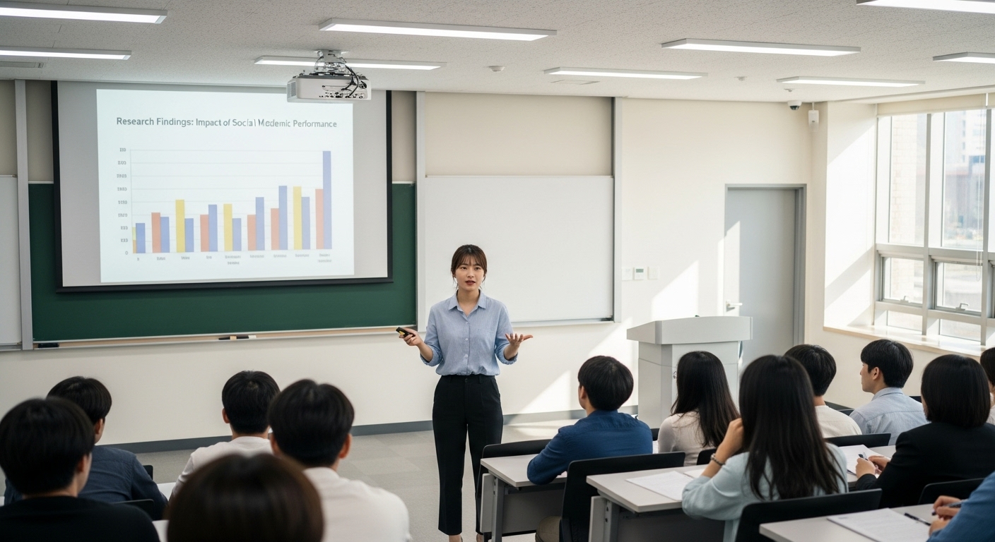 대학 강의실에서 자신감 있게 발표하는 학생의 모습