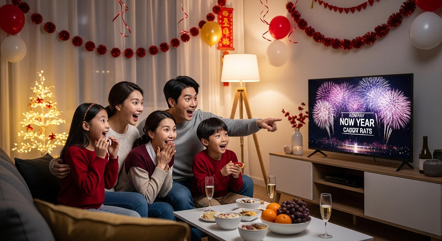 새해 전날 저녁 가족들이 거실에서 함께 TV를 보는 모습