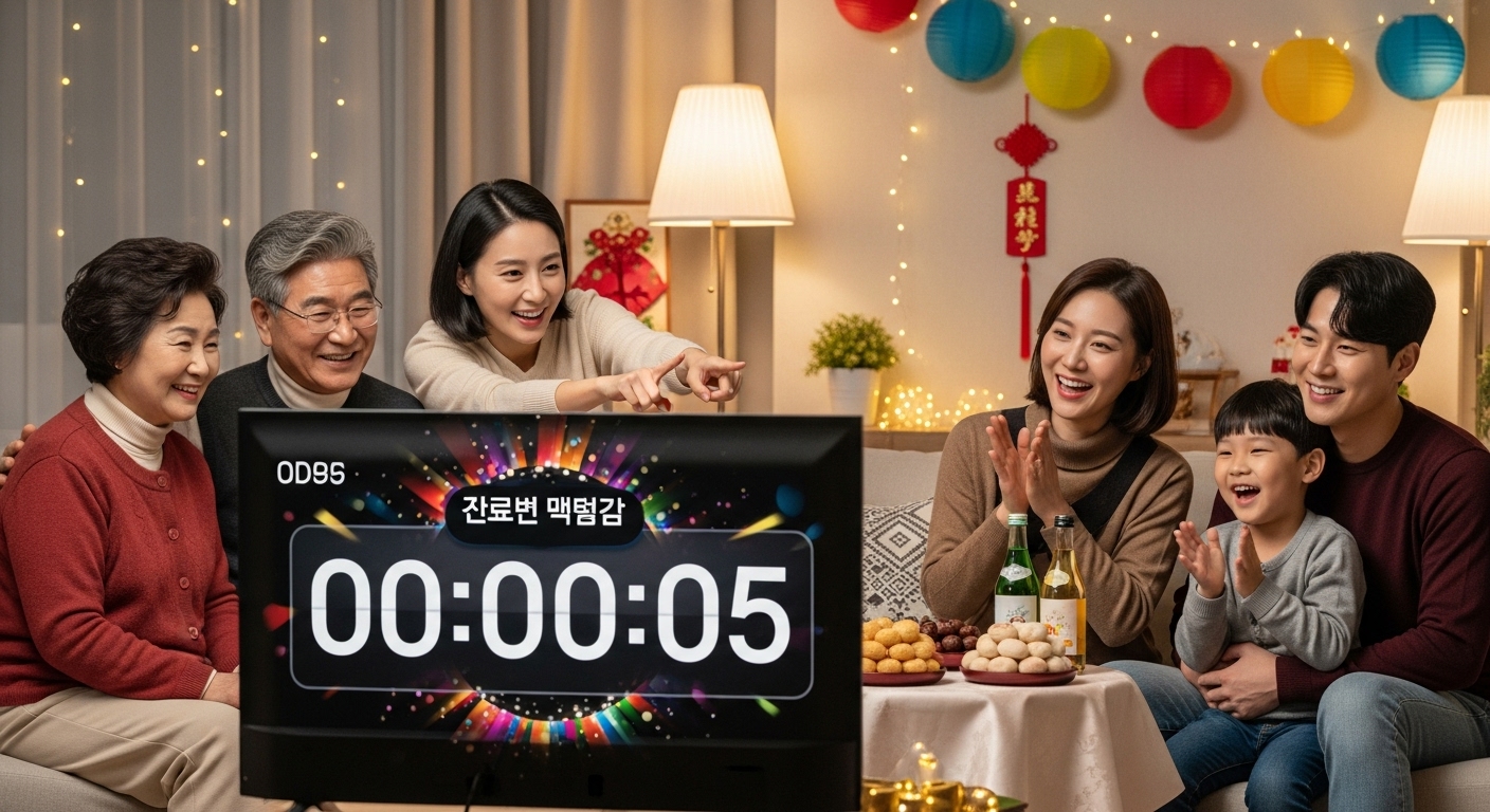 새해 카운트다운을 앞두고 거실에 모여 있는 가족들의 행복한 모습