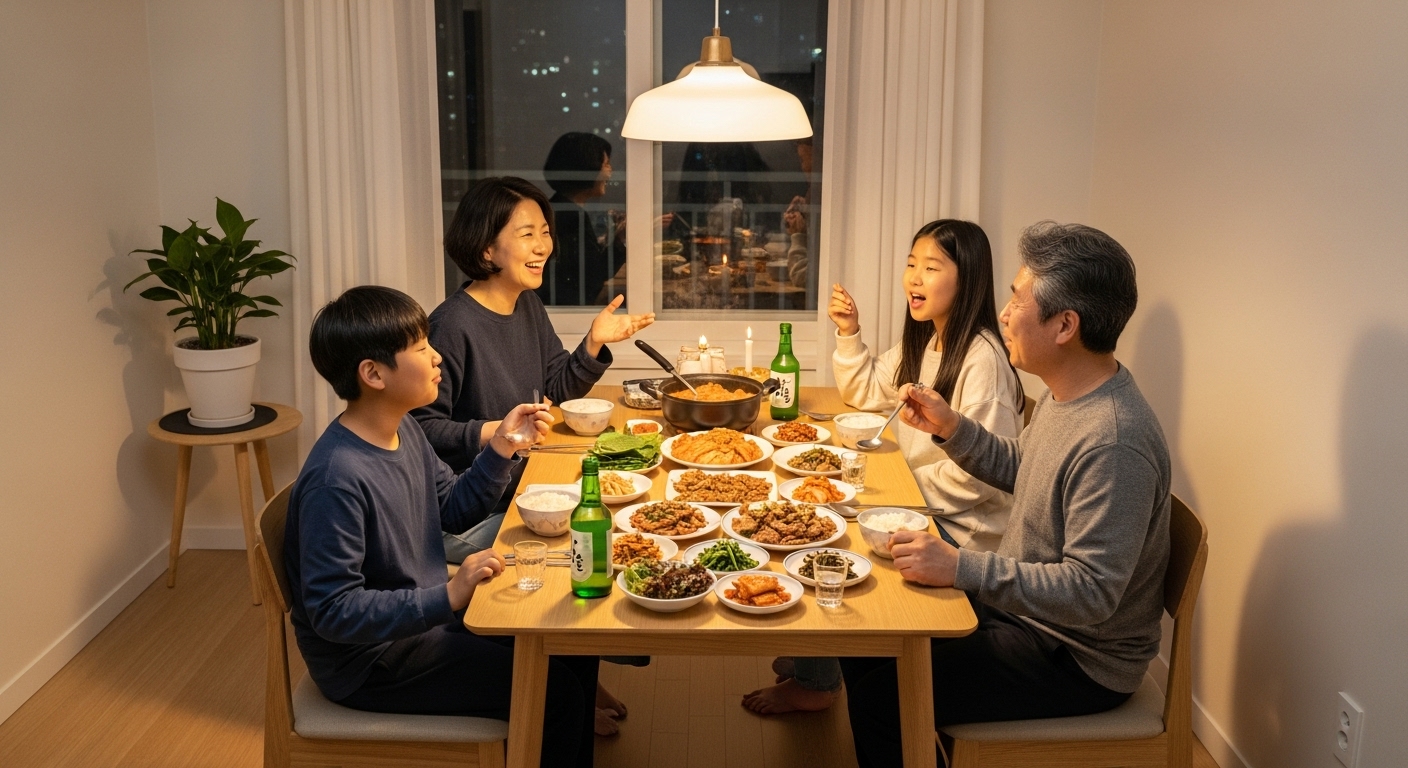 가족이 아늑한 한국 아파트에서 저녁 식사를 하며 웃고 이야기 나누는 장면