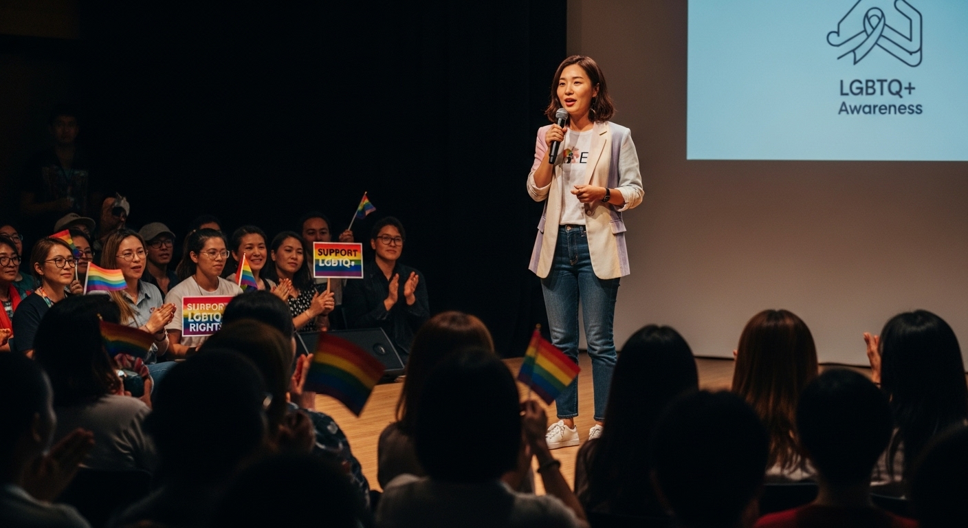 많은 사람들 앞에서 LGBTQ+ 인식에 대해 발표하는 여성