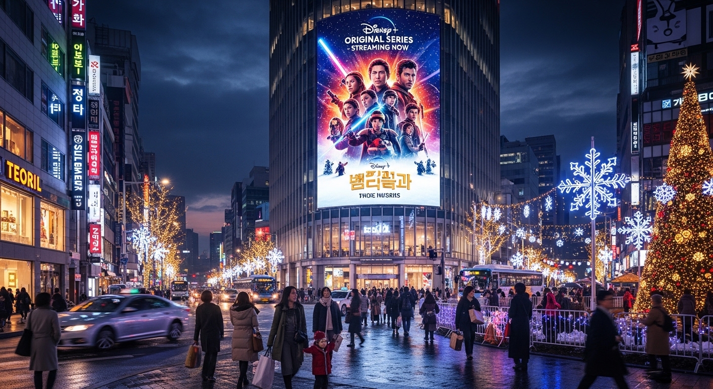 2025년 크리스마스 이브 밤 서울의 번화가에서 디즈니+ 시리즈 포스터를 보여주는 전광판