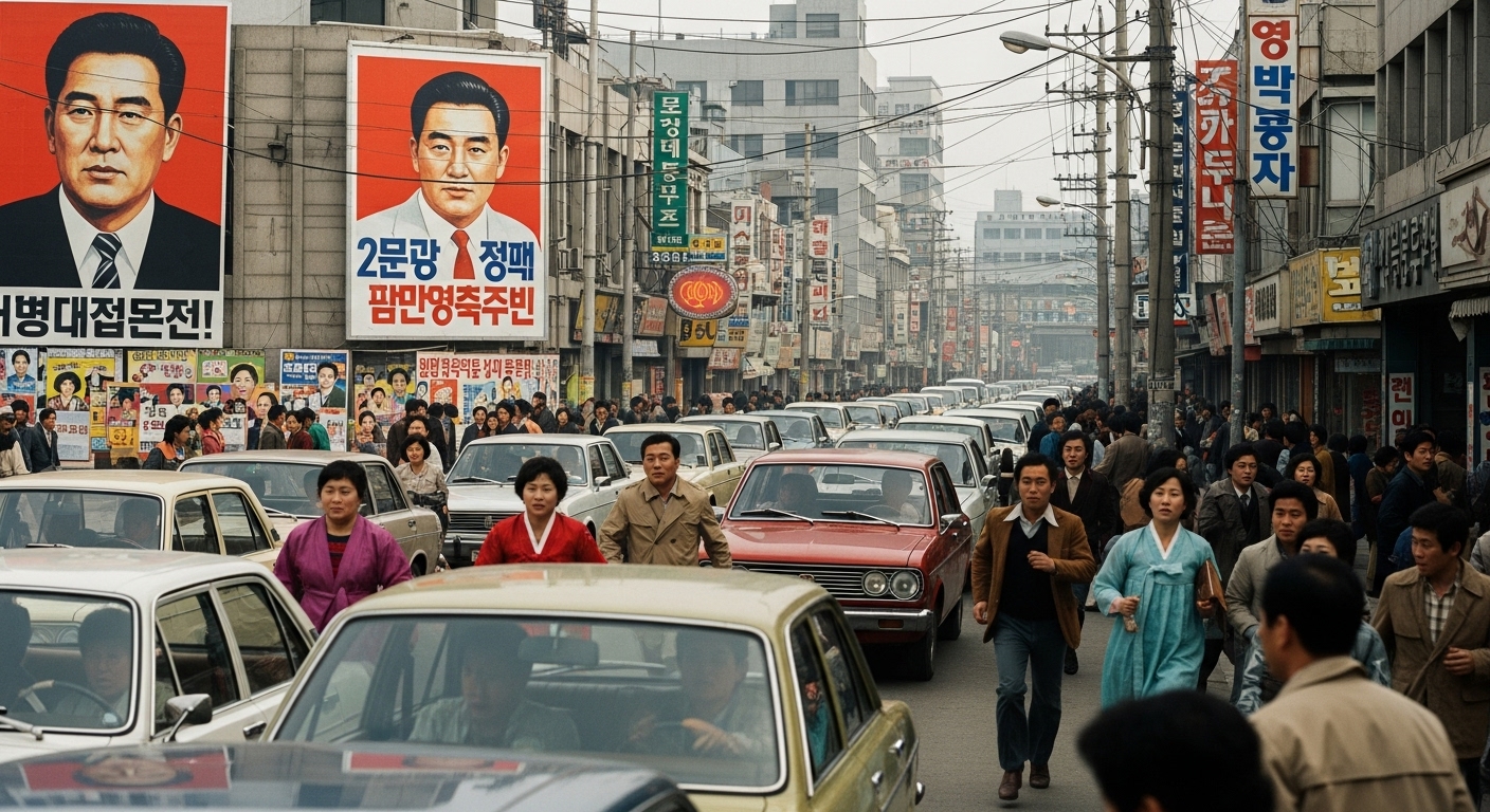 1970년대 서울 거리의 풍경으로 빈티지 자동차와 정치 포스터가 어우러진 장면