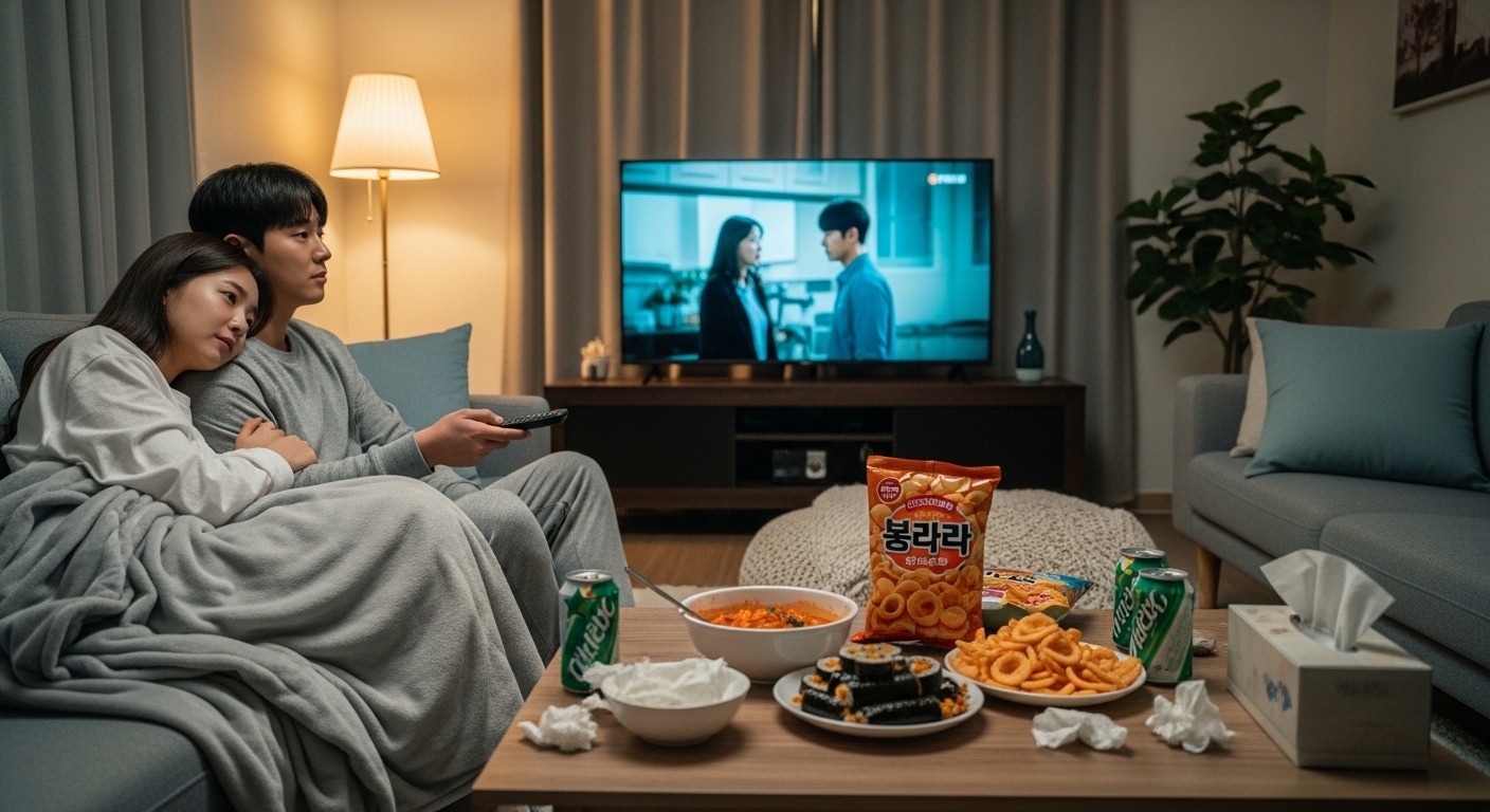 거실에서 따뜻한 조명 아래 TV 드라마 마지막 회를 시청하는 커플