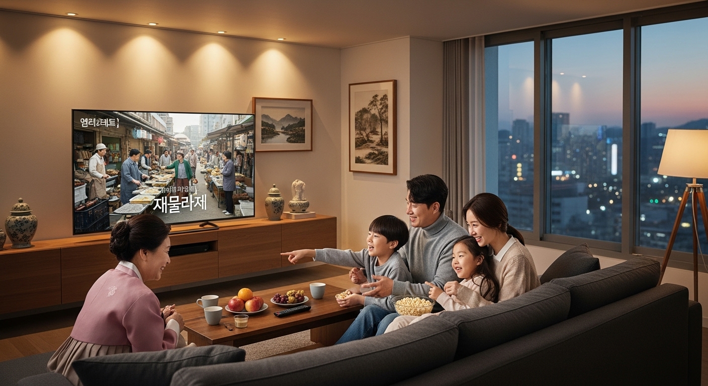 주말 저녁 가족들이 거실에서 TV 드라마를 시청하는 모습