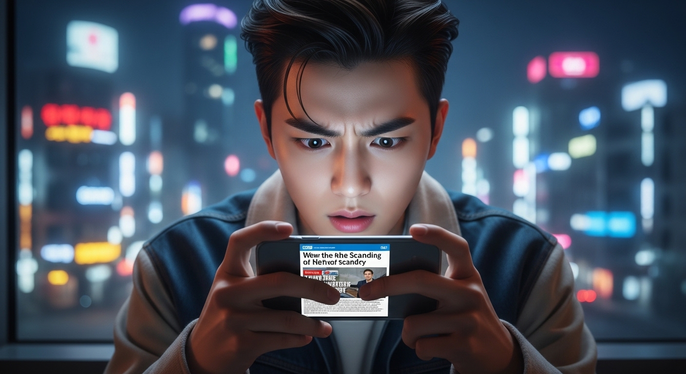 한국 아이돌이 스마트폰으로 스캔들 뉴스를 읽으며 놀란 표정을 짓고 있는 모습
