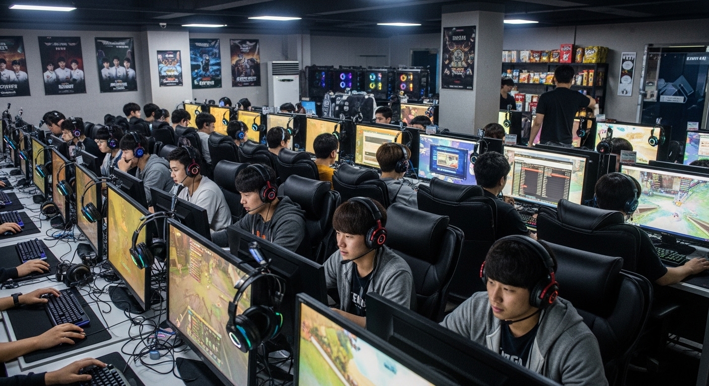 인터넷 카페에서 사람들이 컴퓨터를 통해 열띤 토론을 벌이는 장면