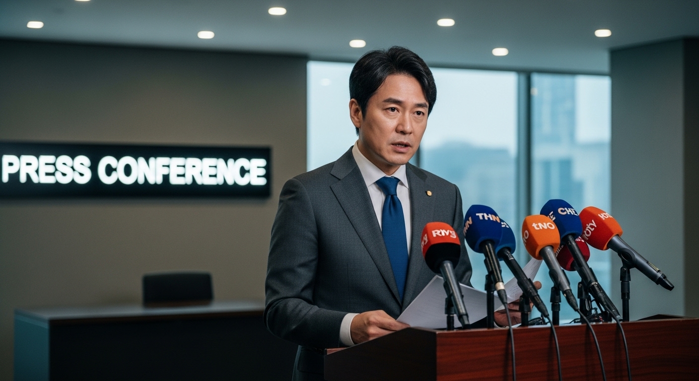 한국 변호사가 사무실에서 기자 회견을 열고 혐의를 부인하는 모습