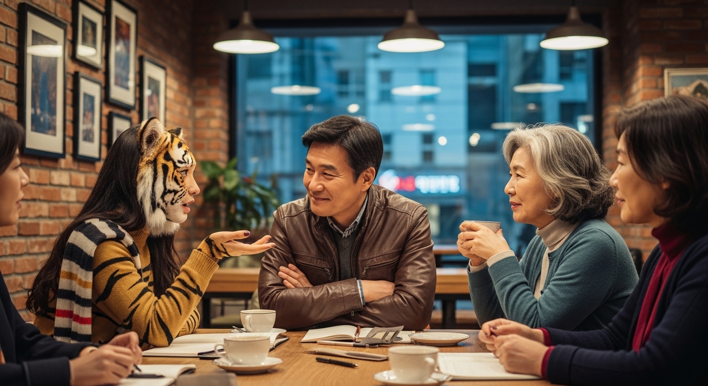 카페에서 호랑이띠, 말띠, 개띠 한국인들이 모여 도전 과제를 극복하기 위한 계획을 논의하는 모습