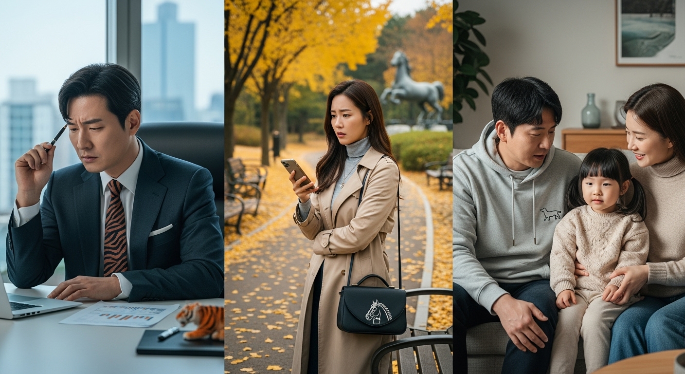 다양한 직업적 및 개인적 상황에서 도전을 겪고 있는 호랑이띠, 말띠, 개띠 한국인들의 모습