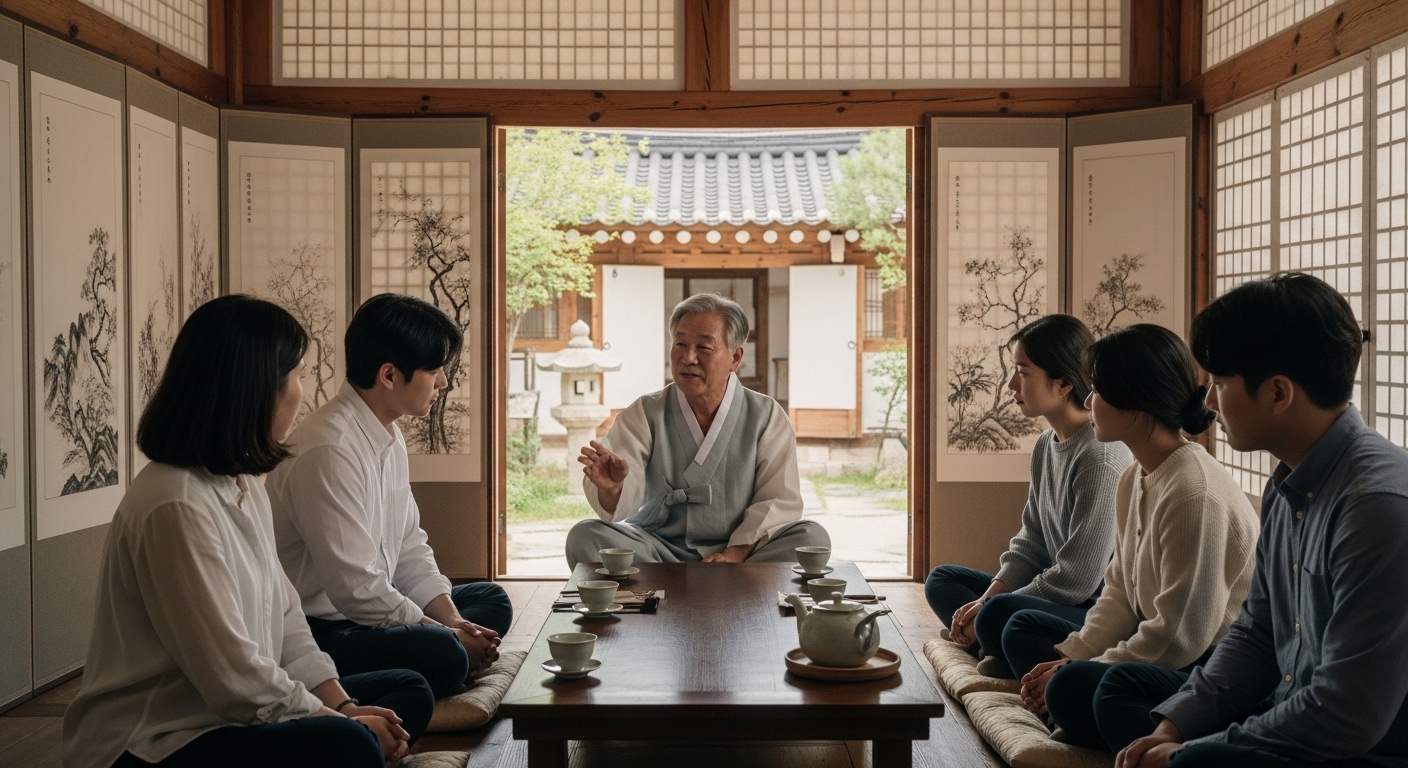 전통 찻집에서 노인이 젊은이들에게 삼재에 대해 설명하는 모습
