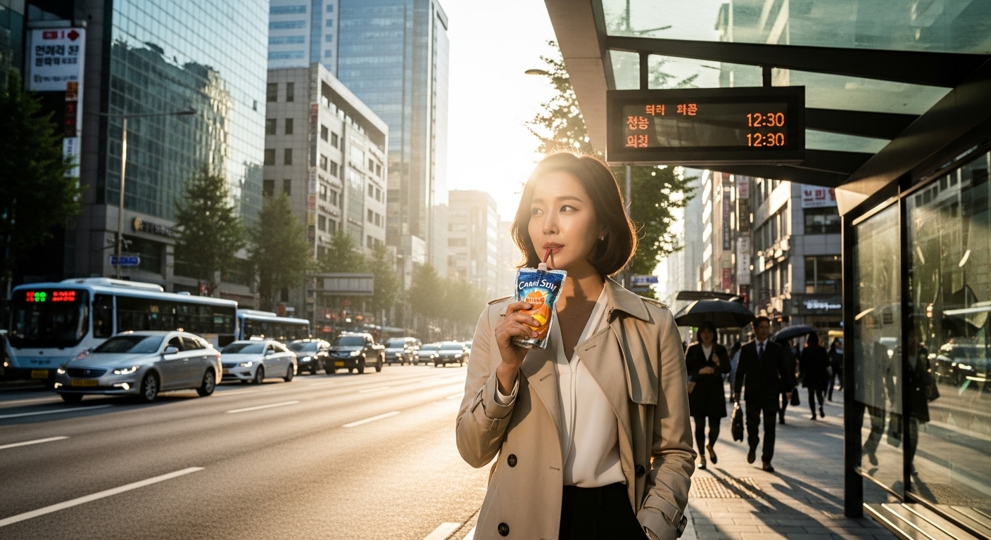 출근길에 서 있는 직장인이 카프리썬 오렌지망고 음료를 들고 있는 모습