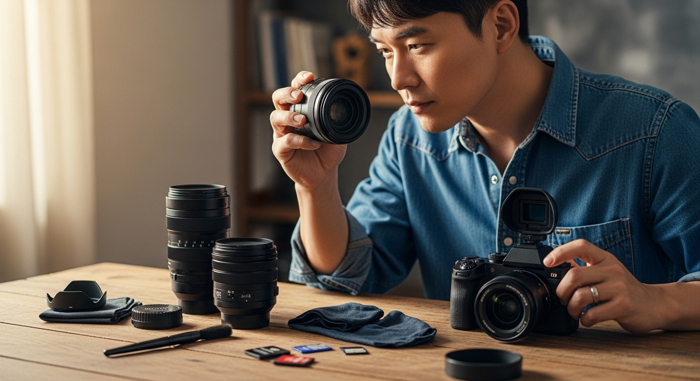 다양한 카메라 렌즈를 살펴보는 사진작가의 모습