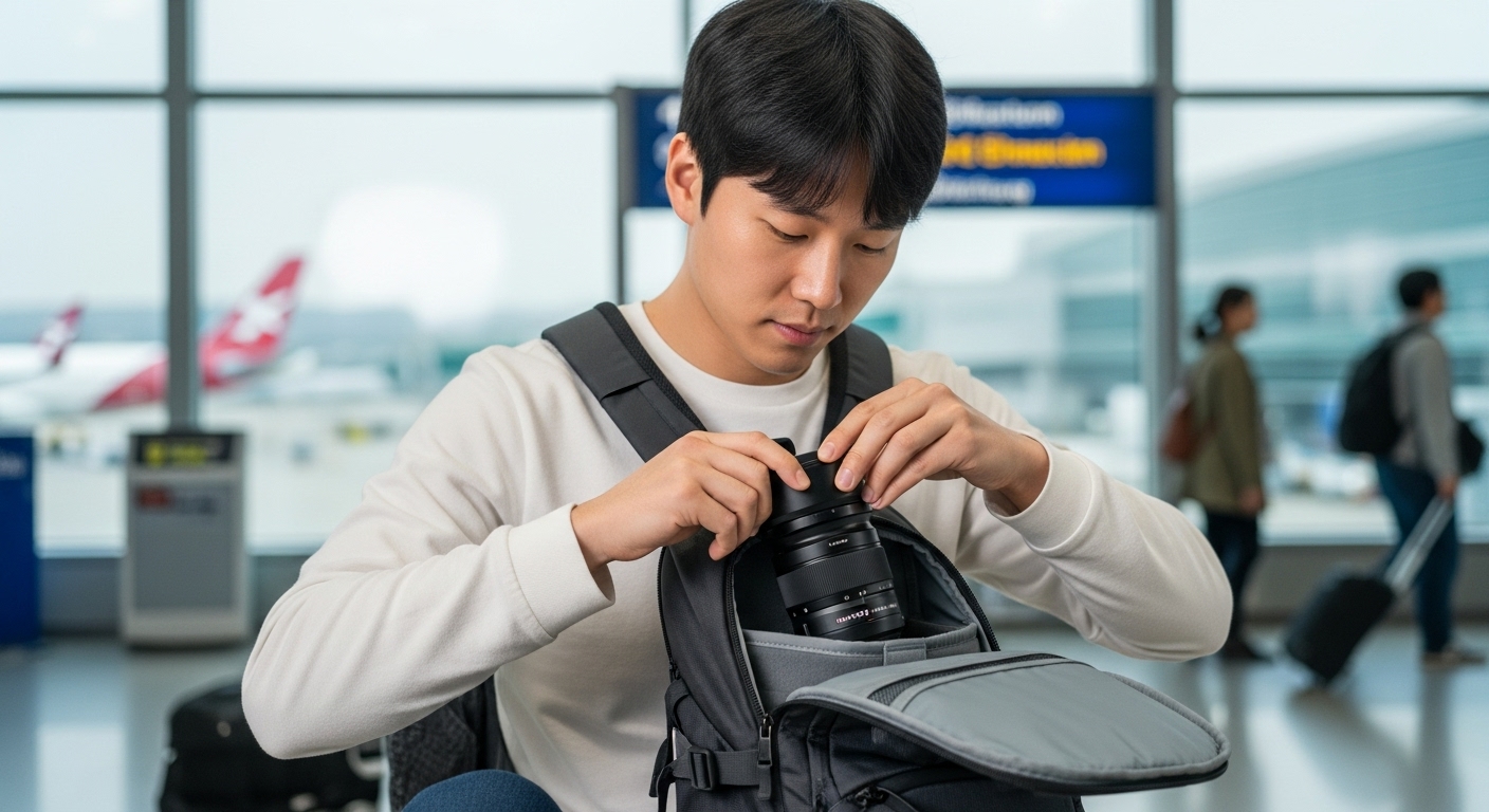 가벼운 루믹스 S 18-40mm 렌즈를 배낭에 넣는 여행객