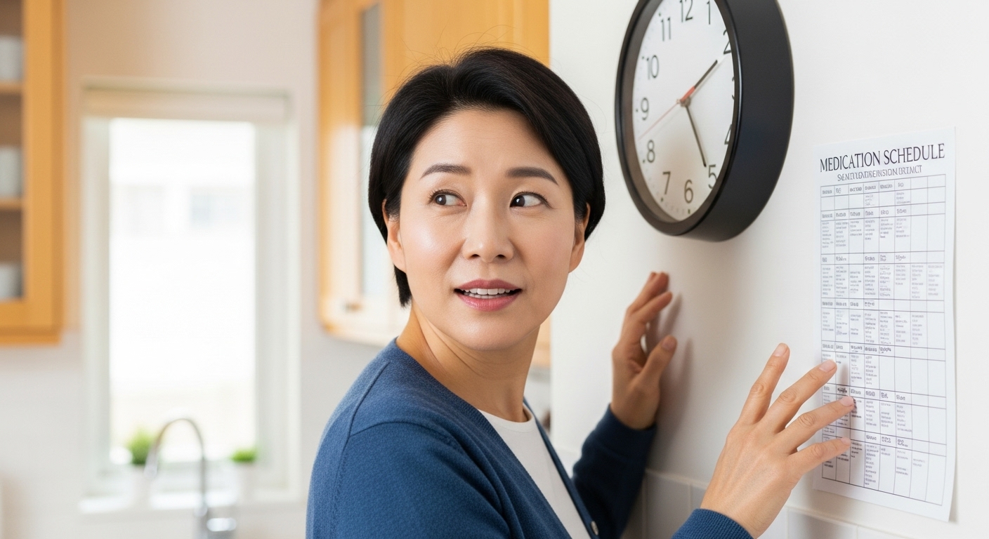 주방 벽에 붙어있는 약물 복용 일정표를 보며 시간을 확인하는 부모