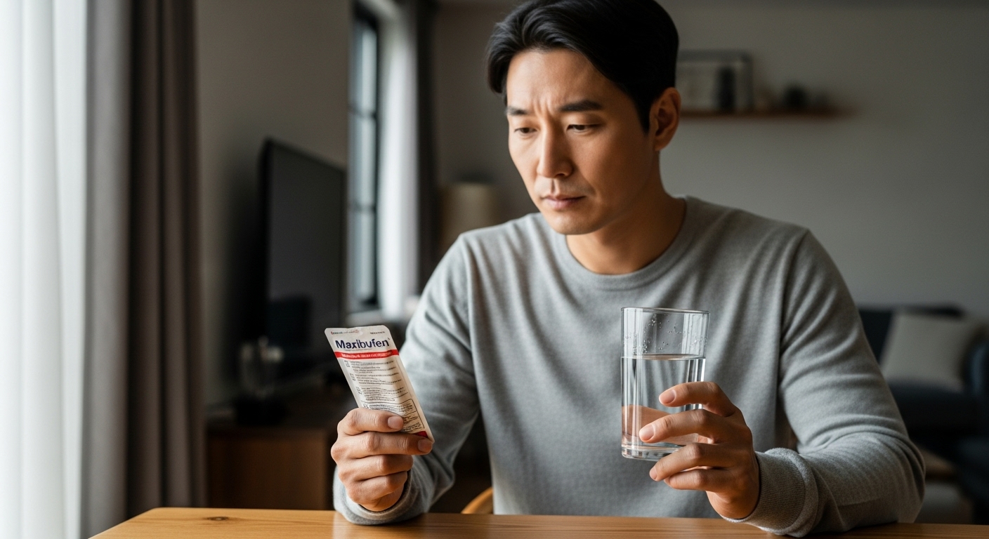 물 한 잔을 들고 맥시부펜 패키지 설명서를 읽고 있는 성인 남성