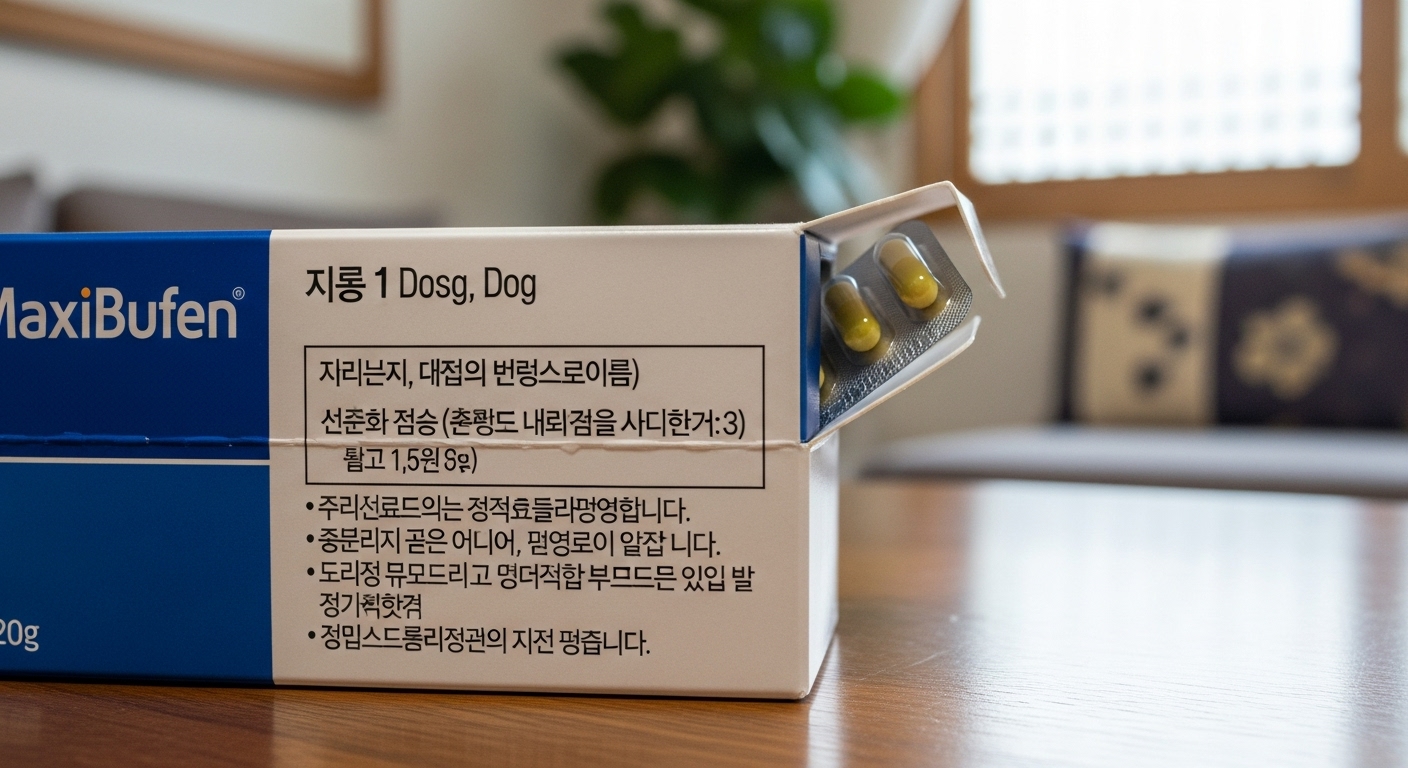 가정 내 맥시부펜 상자에 적힌 복용량 지침을 클로즈업한 장면