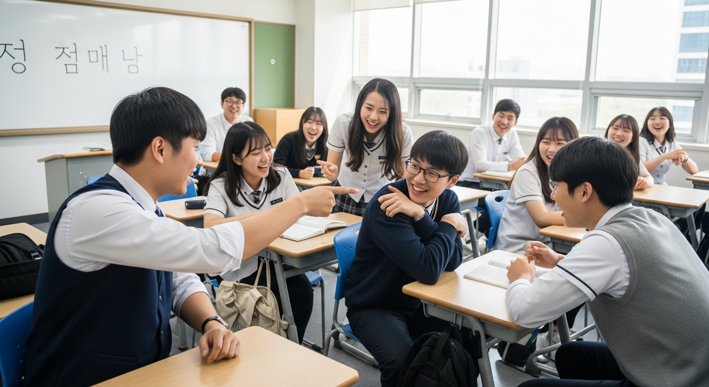 교실에서 학생들이 직업과 지역명을 활용한 개그를 주고받으며 활기차게 대화하는 모습