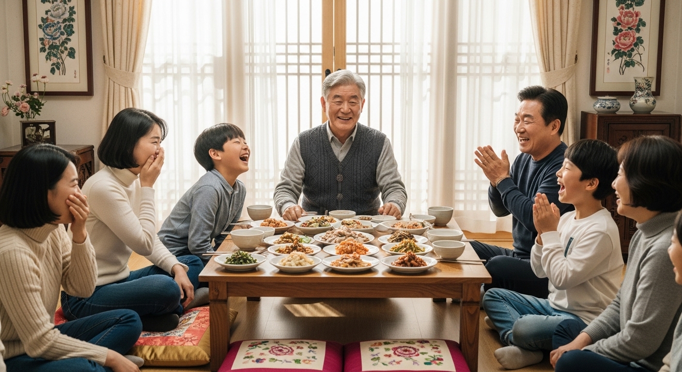 여러 세대가 모인 가족 모임에서 어른이 전형적인 아재개그를 하자 젊은 세대가 크게 웃는 모습