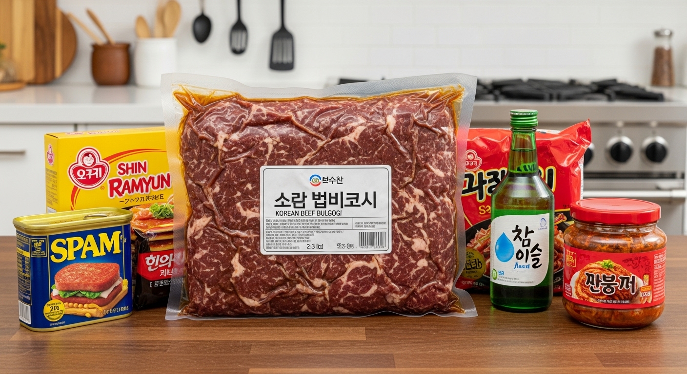 한우불고기 패키지가 다른 식품들과 함께 주방 테이블 위에 놓여 있는 장면