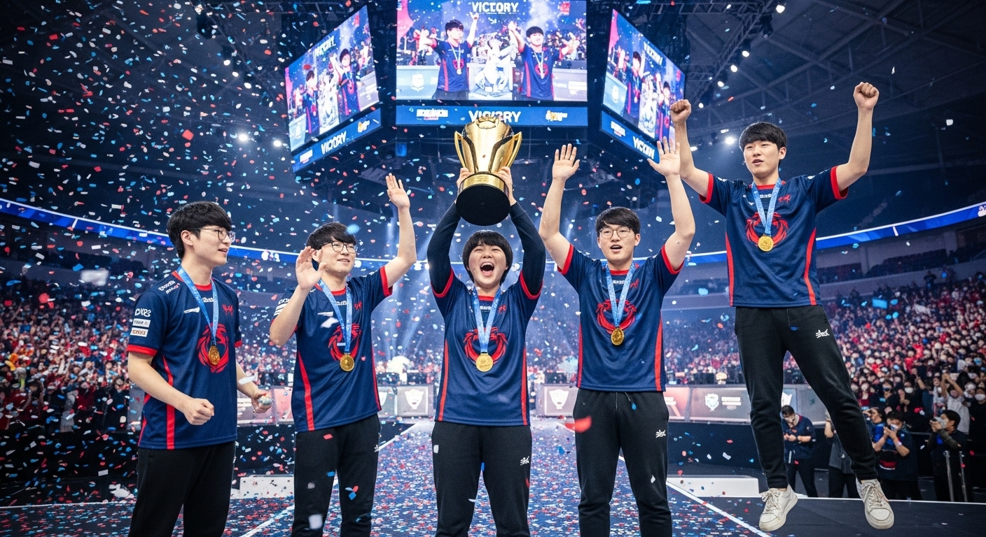 관중들의 환호와 함께 첫 승리를 축하하는 기쁨에 찬 한국 e스포츠 팀