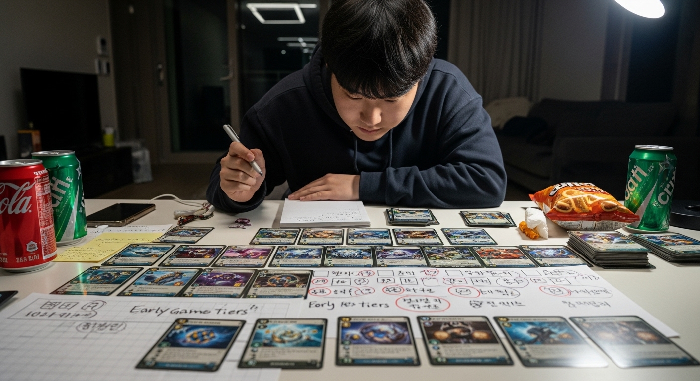 게임 카드와 메모로 가득한 테이블 위에서 전략을 세우고 있는 젊은 플레이어