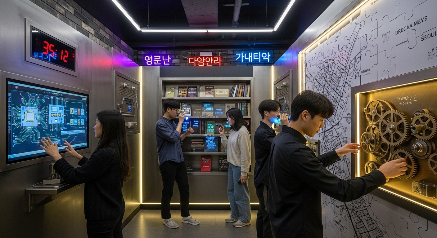 강남에 위치한 현대적인 방탈출 테마에서 젊은 사람들이 문제를 푸는 모습