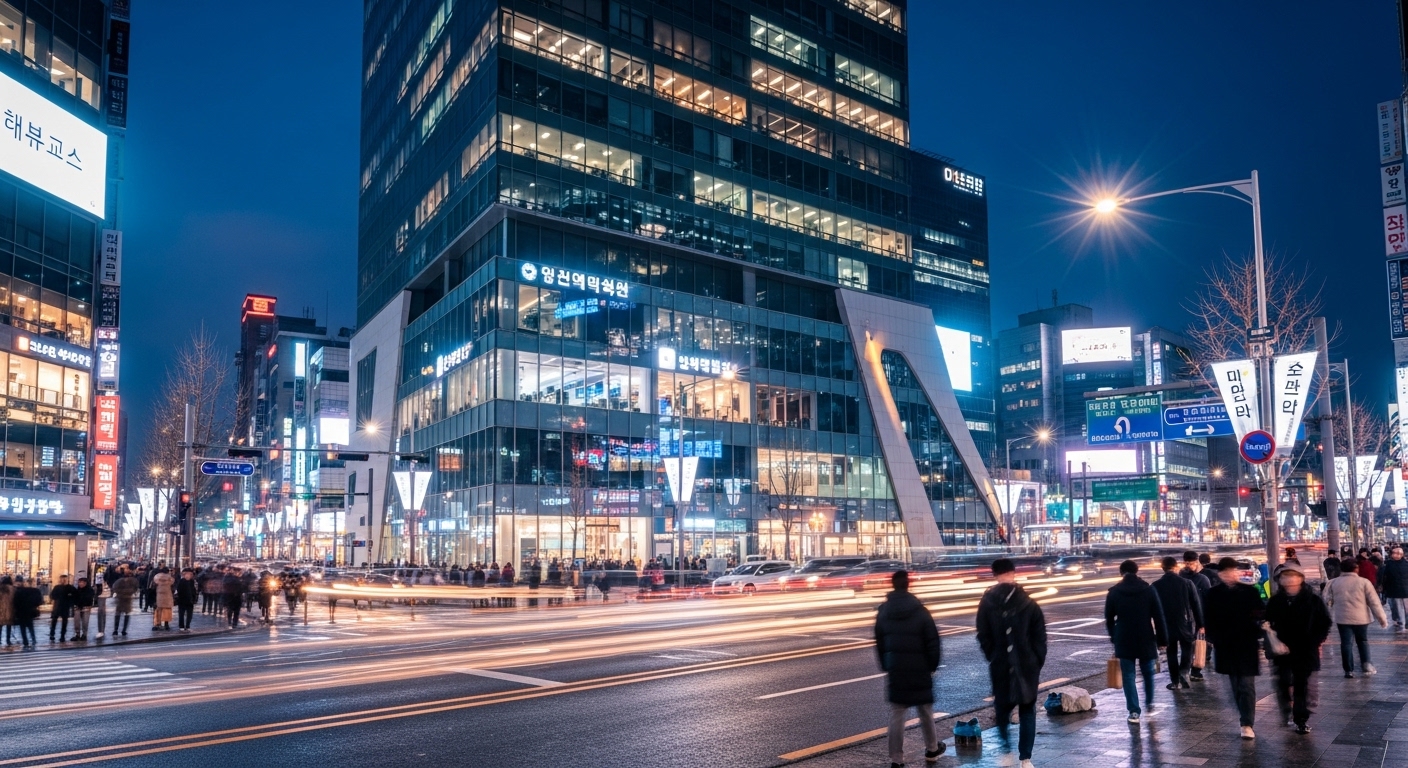 밤에 불빛이 비추는 강남역 근처의 현대적인 건물 외관