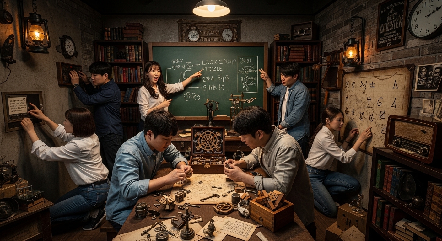 어두운 조명 아래에서 한국인 참가자들이 집중하여 퍼즐을 푸는 긴장감 넘치는 장면