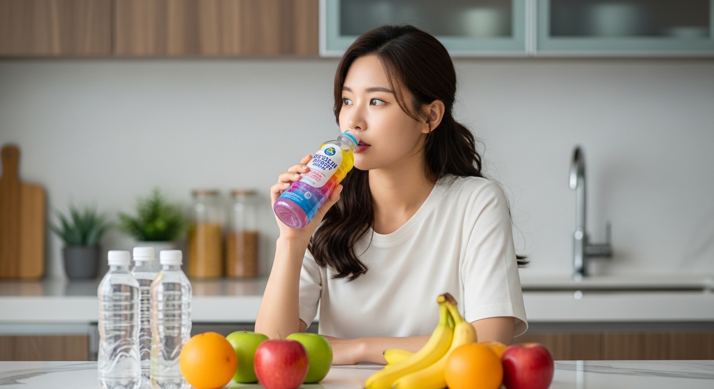 주방에서 이온음료를 마시며 집중하고 있는 젊은 여성