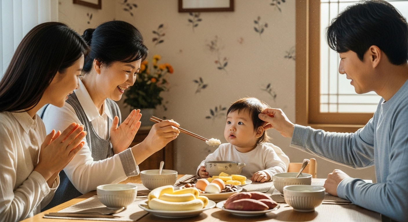 죽과 바나나 등 부드러운 음식을 함께 나누는 가족