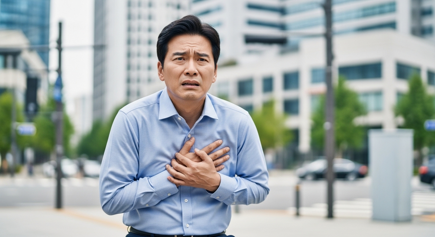 도시 배경에서 가슴을 움켜잡고 있는 걱정스러운 표정의 남성