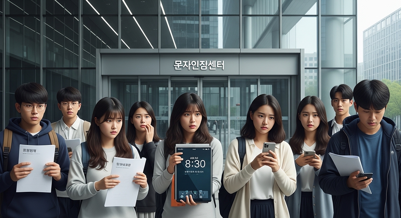 서울의 시험장에서 학생들이 헷갈려하는 모습, 휴대폰으로 시간을 확인하며 서 있는 장면